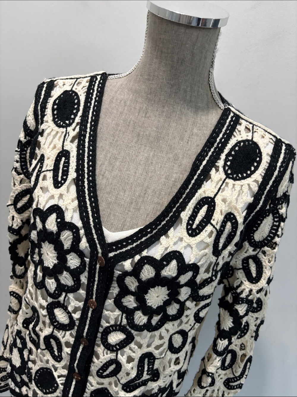 Crochet Cardigan Black Cream Floral Boho Festival S/M Sweater - Picture 8 of 14